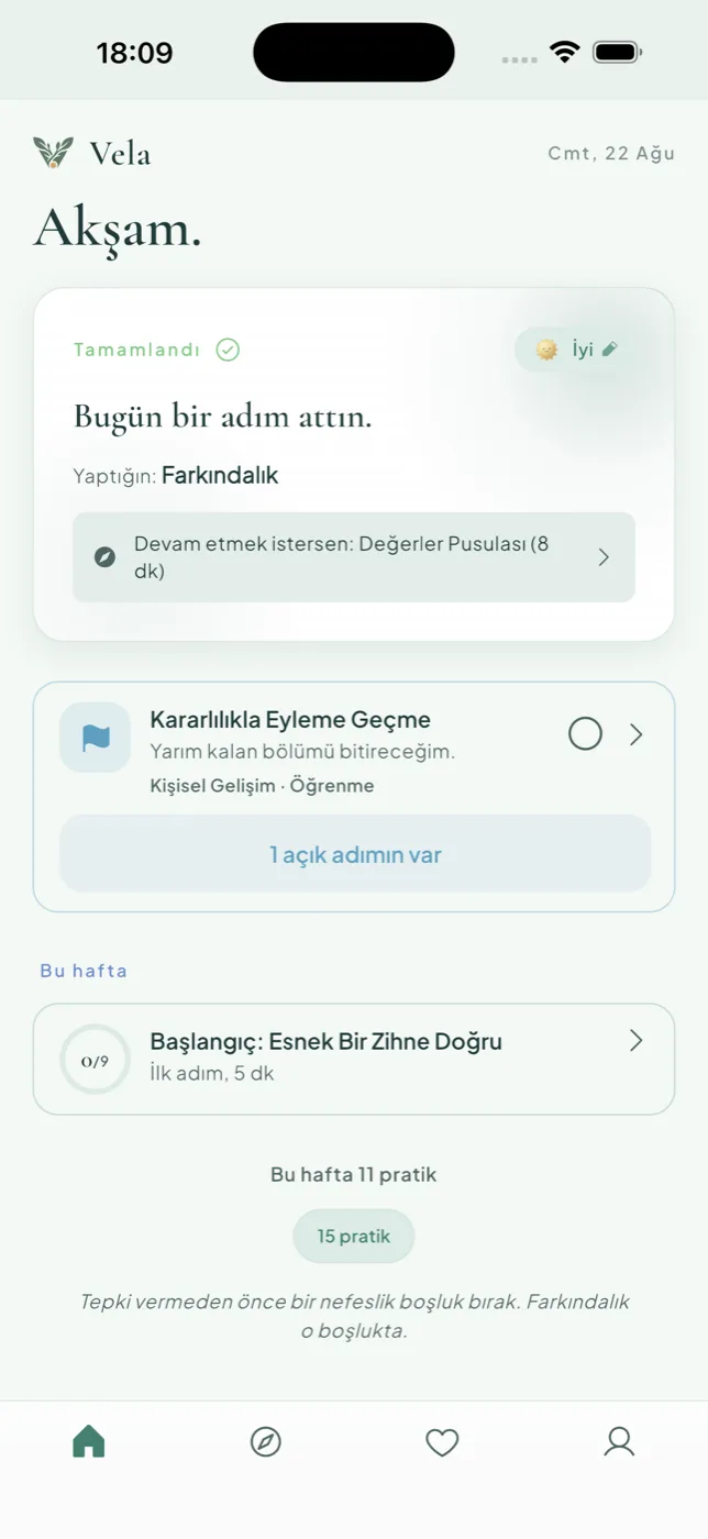Vela — Bugün ekranı: günün önerisi, açık değer adımı ve haftalık pratik sayısı