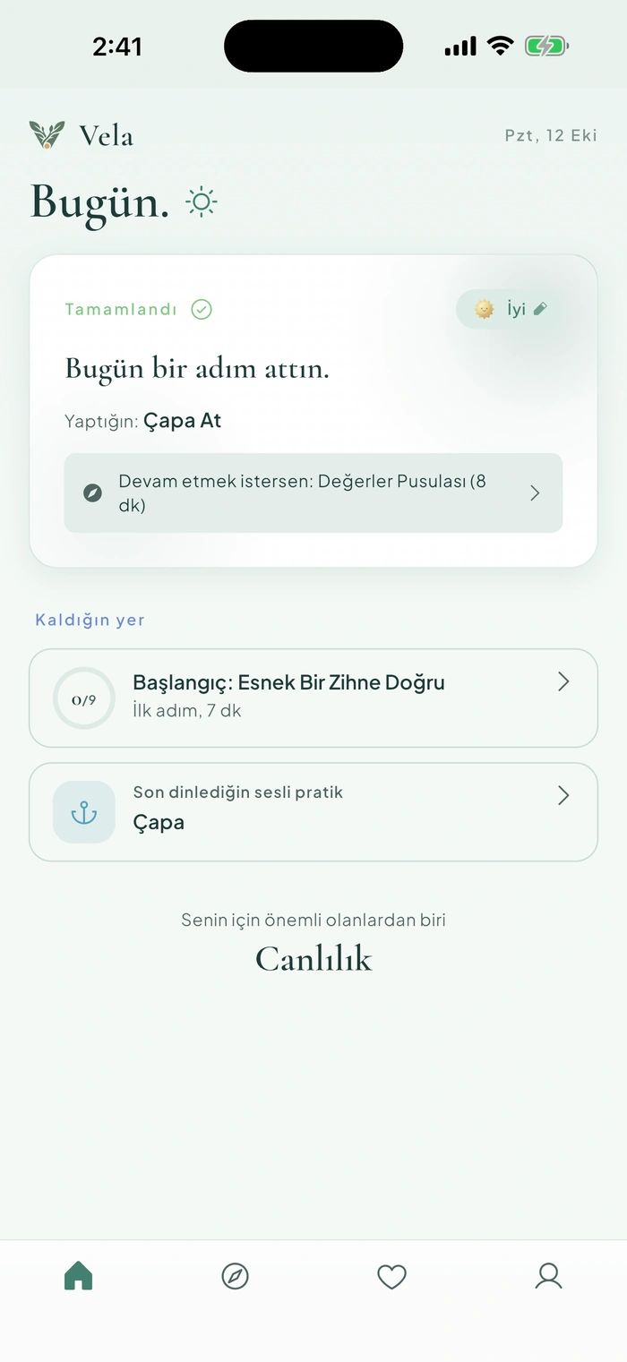 Vela — Bugün: Kaldığın yerden devam edebilirsin