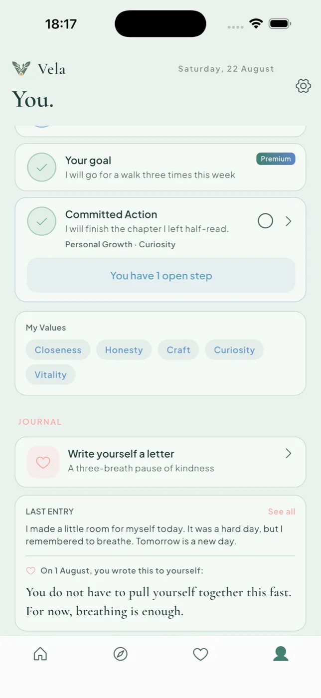 Vela — Me screen