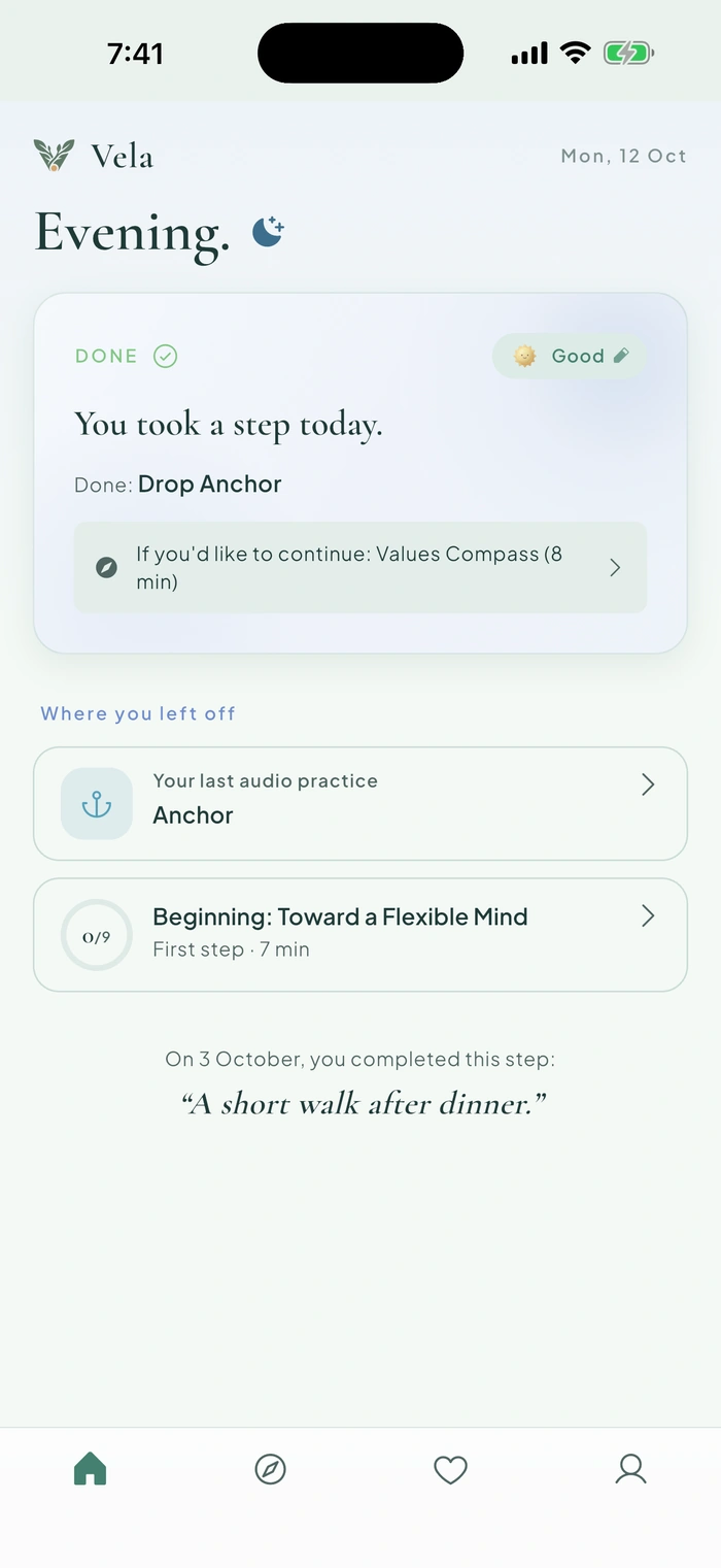 Vela — Today: Pick up where you left off